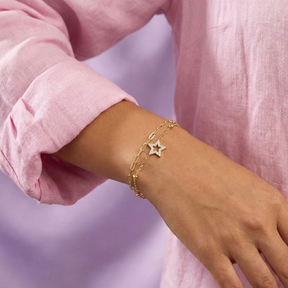 Livatilla Altın Kaplama İkili Zincir Yıldız Gümüş Bileklik