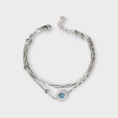 Livatilla İki Zincir Kombin Nazar Boncuklu 925 Ayar Gümüş Kadın Bileklik