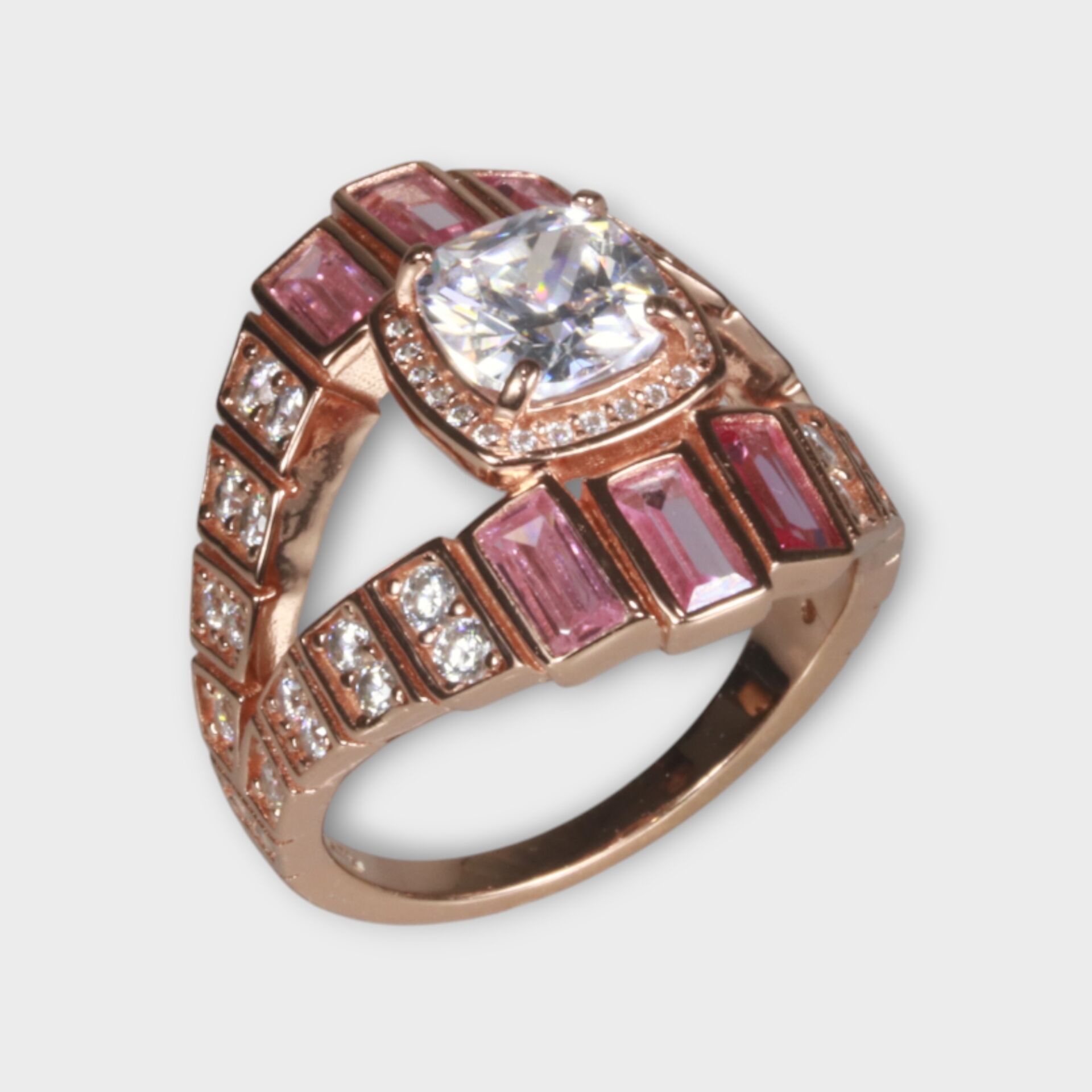 Livatilla Pembe Quartz Üç Tonu Baget 925 Ayar Gümüş Kadın Yüzük