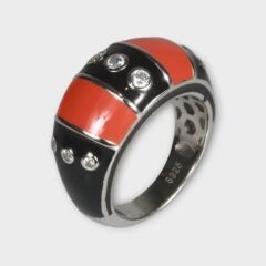 Livatilla Mercan Ve Oniks Esintisi 925 Ayar Gümüş Kadın Yüzük